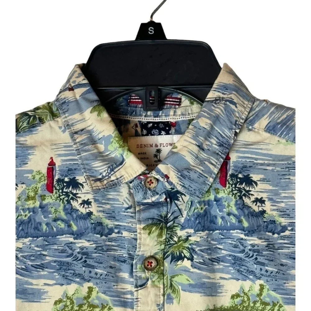 Denim & Flower Blue And Green Slim Fit Cotton Hawaiian Button Front Shirt Size M